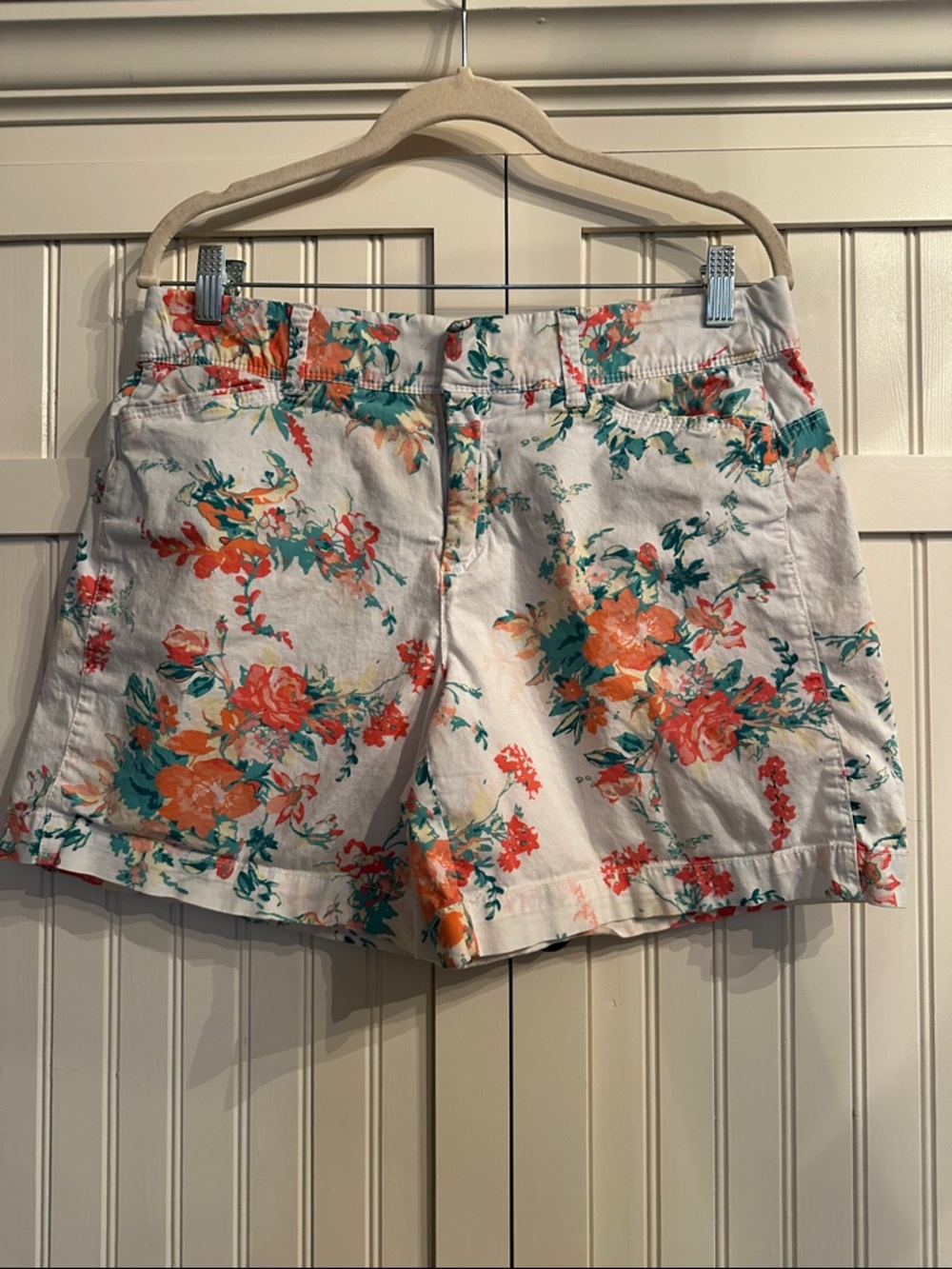 intro. White Floral Shorts with Coral and Teal Print